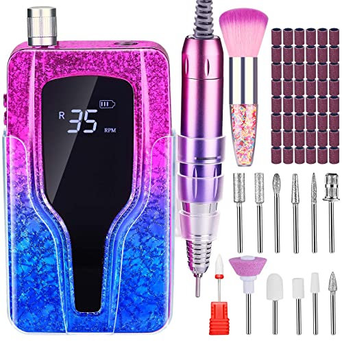 Taladro de uñas, máquina profesional de 35000 RPM, máquina de lima de uñas eléctrica recargable para uñas acrílicas, eliminación de pulido de gel, archivo electrónico inalámbrico portátil con kit de