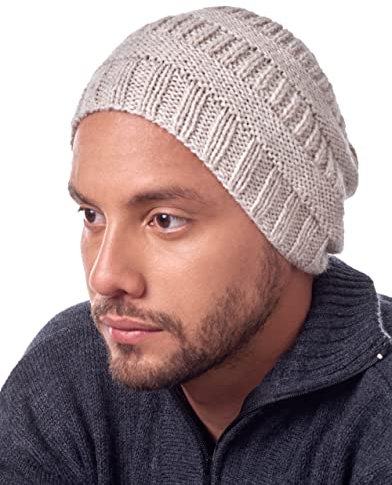 INTI ALPACA Herren Beige Alpaka Totenkopf Mütze - Handgestrickt aus Alpaka Wolle - Unisex Winter Kopfbedeckung Beanie Mütze, beige, Einheitsgröße