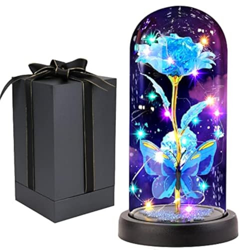 Die Schöne und das Biest Rose, beleuchtete Galaxie-Rose, Geschenk für Mutter, verzauberte ewige Kristall-Rose mit Schmetterling in Glaskuppel, künstliche Blume, einzigartige Geburtstagsgeschenke für