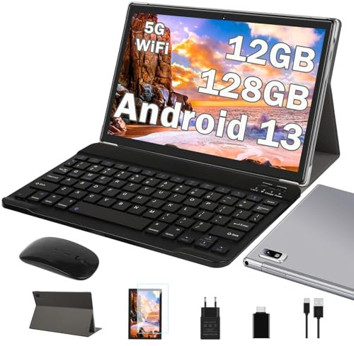 2025 Latest Tablette Tactile 10 Pouces Android 13 OS,12GB RAM+128GB ROM/TF 1TB | 5G WiFi | 8 Cœurs | 2.0 GHz | GMS Certified | Widgets | Parental Controls | Tablette avec étui, clavier et souris -Gris