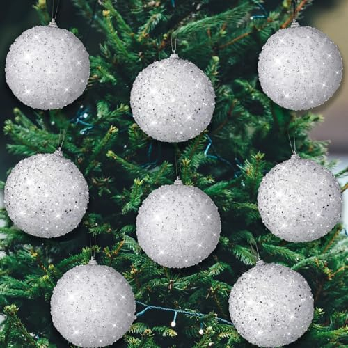 Libima Weihnachtskugeln, glitzernd, groß, hängende Weihnachtskugeln für Weihnachtsbaum, Heimdekoration, Urlaub, Party, Dekoration, Weiß, 8 Stück