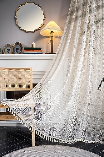 Yaofeiou Vintage Gardinen Boho Beige Vorhänge Mit Quaste Hohle Blume Muster Vorhänge Landhausstil Häkeln Stricken Gardinen Lace Transparent Vorhänge für Wohnzimmer Schlafzimmer, 2 Stück, B150xH240cm