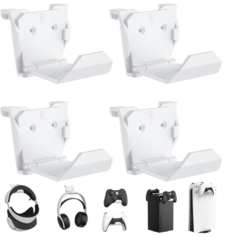 KUNSLUCK Lot de 4 supports muraux pour manette PS5, Xbox, Switch Controller - Support mural pour manette et casque, installation adhésive/vis (blanc)