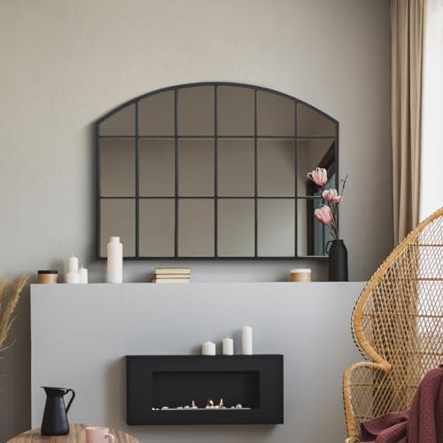 MirrorOutlet The Arcus - Black Framed Modern Over Mantle Arched Wall Window Mirror 35 X 26 (90CM X 65CM) Silver Mirror Glass with Black All weather Backing