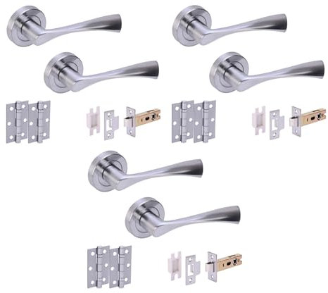 HANDLEZONE® 3 Sets Zena Internal Door Handles on Rose Lever Latch Packs with Ball Bearing Hinges - Satin Chrome
