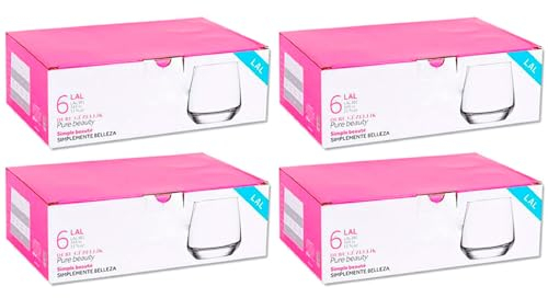 Tradineur - Pack de 4 Cajas de 6 Vasos Modelo Lal - Capacidad: 345 ml - Fabricado en Vidrio Resistente - Apto para lavavajillas - Tamaño Aprox: Ø 7 x 9 cm - 24 Uds Totales