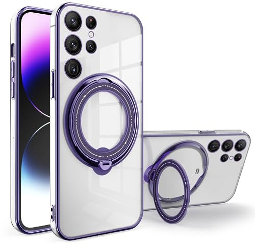 Compatible con Funda Samsung S22 Ultra Anillo Soporte Magnético Transparente, Carcasa Samsung Galaxy S22 Ultra Fundas Silicona TPU Admite Carga inalámbrica Slim Case (Púrpura)
