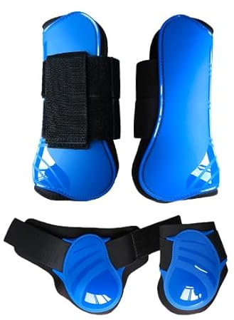 Merauno® Gamaschen Pferde 4er Set Gamaschen Paar für vorne hinter Hartschale und Klettverschluss für Damen& Herren PU Robust Elastisch Tendon Boots Classic (L, Blau)