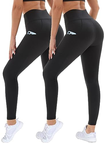 DDOBB 2 Pack Leggings for Women High Waisted Black Gym Leggings with Pockets Tummy Control Stretchy Pants Trousers for Fitness Yoga Running Regular Plus Size(Black*2 L-XL)