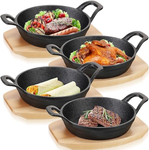 Sliner 4 Sets Mini Cast Iron Skillet Small Cast Iron Plates Skillet with Wooden Base Small Round Pan Fajita Plate Pot for Baking Cooking(7.1 Inches)