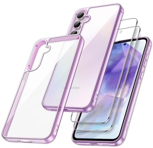 JETech 3 in 1 Cover per Samsung Galaxy A55 5G, con 2 Pezzi Pellicola Protettiva, Vetro Temperato Film, Antiurto Paraurti Cellulare Protettiva Custodia Chiaro Retro (Viola)