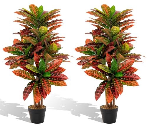 COSTWAY 100CM/150CM Artificial Croton Plant, Fake Croton Palm Tree with Colorful Variegated Leaves, Natural Wood Trunk and Nursery Pot, Realistic Greenery Potted Plant for Office Home (2, 100CM)