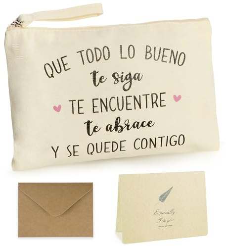 Spanisch 23x16cm Canvas Kosmetiktasche mit Umschlag und Grußkarte tragbare Schminktasche aus Leinen Geldbörse Münztasche Multifunktionales Organizer für Handtasche Reise als Geschenk (Beige)