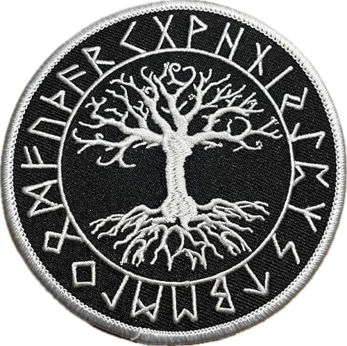 Yggdrasil im Runenkreis Aufnäher, gestickter Weltenbaum Patch zum aufnähen oder aufbügeln | gestickt Wikinger, Heidentum, Lebensbaum, Irminsul, Weltenesche
