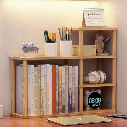 Dreamhousey Desktop-mehrschichtiges Bücherregal-Speicherregal, große Kapazität Massivholz-Speicherwand auf dem Schreibtisch, Student einfach organisierendes Rack, Büro-Speicherregal (Holzfarbe)