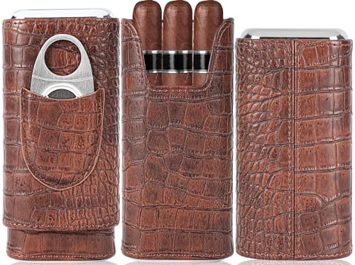 Scatola di umidificatore per sigari portatile con fodera in legno di cedro e tagliabigari, elegante scatola per sigari, accessori per sigari, in pelle marrone di alta qualità con texture a