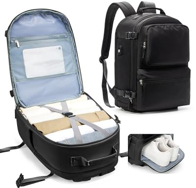 kibachev Reiserucksack Damen/Herren Mit Schuhfach 45x36x20, Rucksack Handgepäck Flugzeug, Diebstahlsichere Reisetasche 30l, Wasserdicht Travel Business Rucksack Mit Laptopfach Viele Fächer Schwarz