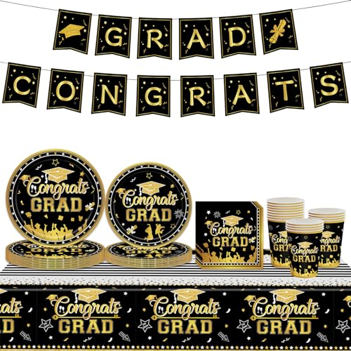 Black Gold Graduation Party Tableware Set,70pcs Graduation Dinnerware Congrats Grad College High School Class of 2025 Party Paper Plates Cups Napkins Tablecloth and Banner