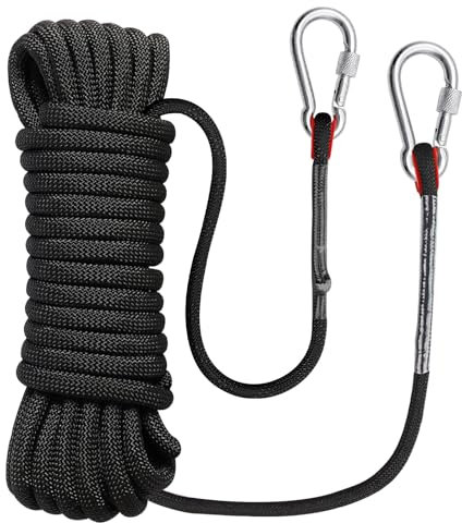 Corde d'escalade de 10 mm avec mousqueton, corde d'escalade, corde d'escalade avec 2 crochets, corde de sécurité en nylon pour alpinisme, pêche, camping, balançoire (noir)