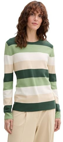 TOM TAILOR Damen 1042952 Pullover mit Struktur, 37226-Green Beige Block Stripe, XS