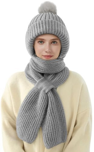 CMTOP Kapuzenschal Damen Winter Multifunktionale Mützenschal Damen Integrierter Schalmütze Ohrenschutz Winddichte 2 in 1 Wintermütze und Schal Damen(Helles Grau,Einheitsgröße)