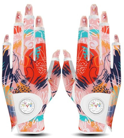 LOVMEAD Damen Golf Handschuh Golfhandschuhe Leder mit Ballmarker All Wetter Linke Rechte Hand Paar, Damen-Golfhandschuhe Rain Grip Weathersof atmungsaktiv weich rutschfest (Orange Linien, M)