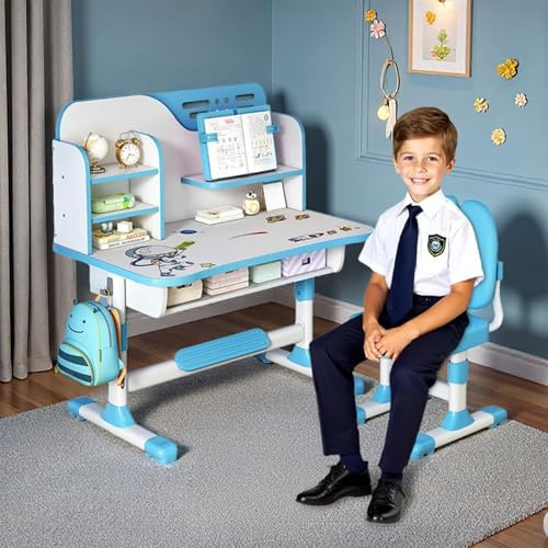 Kinderstudienstisch Stuhl Set, Höhenverstellbare Kinder Schule Studienstisch Stuhl Set mit Astronaut Muster, Ergonomischer Schreibtisch Stuhlmit großem Schreibtisch, Bücherregal und Schublade (blau)