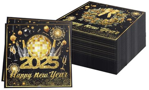 20 Stück Servietten Silvester, 33 * 33cm Silvester Servietten, Silvester Deko 2025 Schwarz Gold Papier Party Servietten Tischdeko Deko Silvester 2025 Für Weihnachten Neujahr Feiertage Dinnerpartys