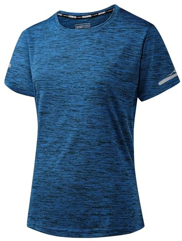 Peakwell Damen Sportshirt Atmungsaktiv T-Shirts Top Kurzarm Laufshirts Funktionsshirts Sport Oberteile (Mittelblau, XXL)
