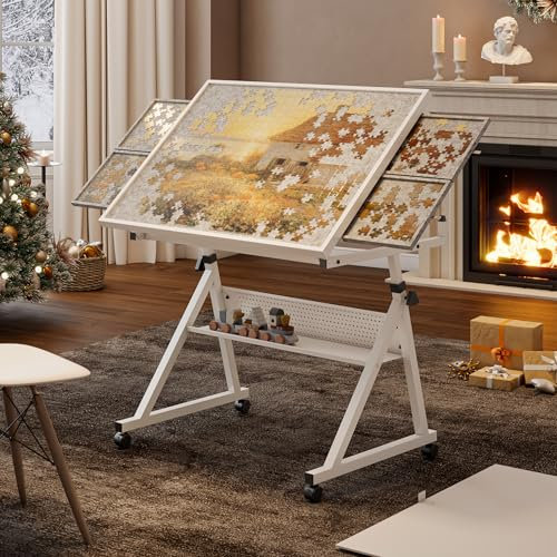Qiaoxuan Jigsaw Puzzle Table With Legs, 1500 Piece Board for Adults, 35x26 Adjustable Portable on Wheels, 4 Drawers & Cover, Birthday Gift for Mom