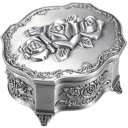 SUMTree Vintage Music Box Musical Jewelry Box Metall Keepsake Box Silber Schmuckbox Antike Spieldose Schmuckkästen für Ring Armband Ohrringe Damen Herren Geschenk Geburtstag Valentinstag Weihnachten