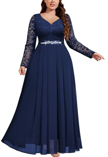 MISSMAY Plus Size Floral Lace Contrast Chiffon Lantern Long Sleeves Rhinestone Waist Closing Formal Banquet Maxi Dress (2XL, Navy Blue)