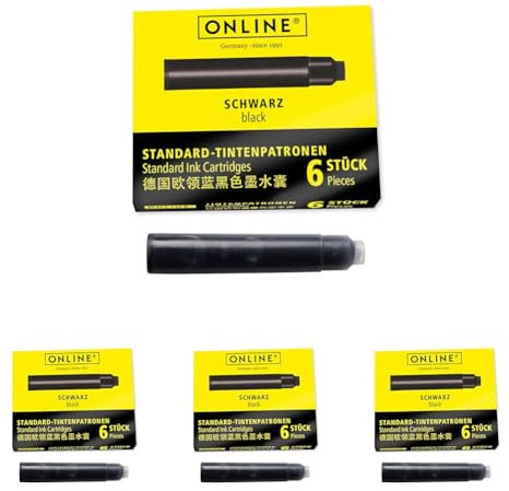 ONLINE Standard-Tintenpatronen, universelle Füller-Tinte, kompatibel mit allen gängigen Standard-Füllern, Ersatz-Patronen für Füllhalter und Rollerball, 6 Stück, Farbe schwarz (Packung mit 4)