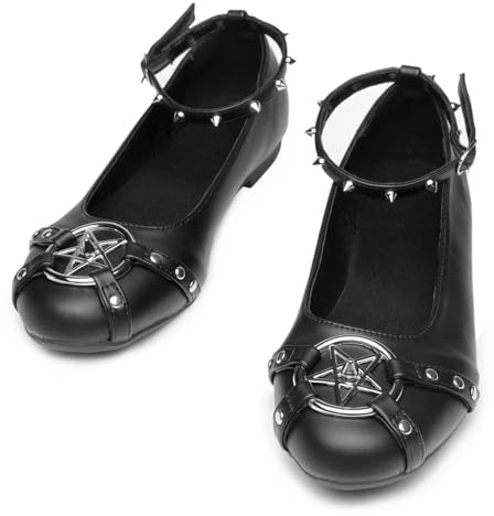 Gothniero Ballerine da donna nere carine ballerine gotiche da donna, eleganti e comode, con borchie e cinturino regolabile, senza lacci, scarpe da donna 3UK-8UK, 60 BLK, 39 EU