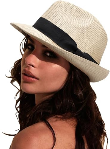 DRESHOW Women Straw Panama Hat Fedora Beach Sun Hat Short Brim Roll up Cap UPF 50+