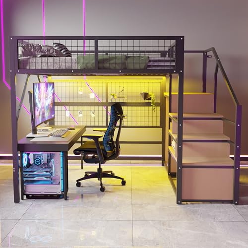 WIZBED Hochbett Metallbett 140x200cm mit Kleiderschrank & Treppe & LED, Bettrahmen Etagenbett mit Lattenroste aus Metall, Jugendbett, ohne Matratze