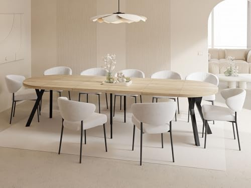Esstisch Rund Groß XXL Ausziehbar im Loft-Stil – 100 bis 300 cm – Extra Lang Ausziehtisch mit Schwarzen Holzbeinen, Industrieller Tisch für 5-16 Personen – Esszimmertisch – Eiche Hell Braun