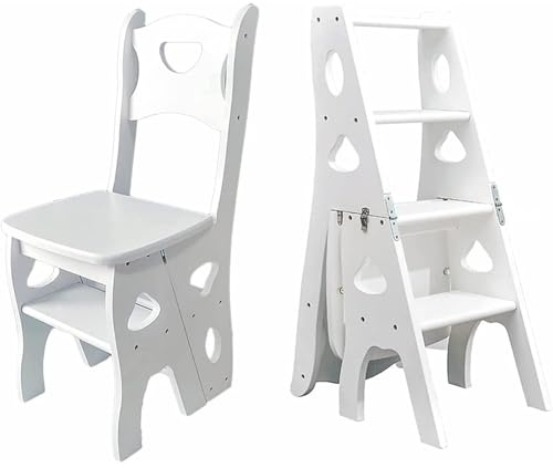 Sedia a scaletta a 4 gradini in legno massello, pieghevole, doppio uso, espositore per biblioteca, cucina, ufficio (bianco)