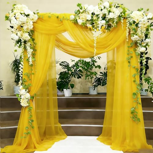 Alaoo Hochzeit Vorhang Deko, Hochzeitsbogen Gardinen 5M*160CM, Querbehang Deko Tüll Foto Hintergrund, Kulissenvorhänge Hochzeitsdeko für Hochzeit Torbogen Zeremonie Fotografie Party(Gelb)