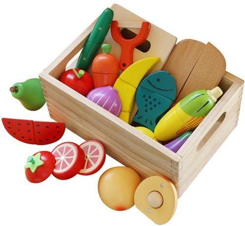 Hölzernes Küche Kinder Spielzeug, Schneiden Sie Obst und Gemüse Magnetspielzeug, Kochen Lebensmittel Simulation Bildungs und Farbe Wahrnehmung für Vorschulalter Kleinkinder Jungen Mädchen