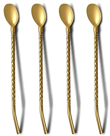 HOMQUEN Gold Eistee Löffel mit Strohgriff zum Trinken, 4 Stück 8,7 Edelstahl Langgriff Titan Vergoldung Bar Spork Löffel Besteck für Cocktail, EIS, Mischen und Rühren