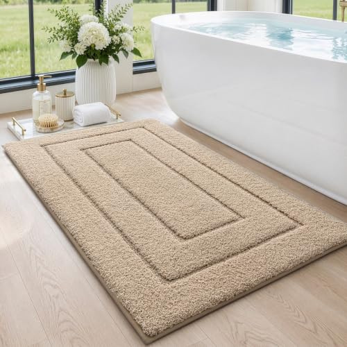 DEXI Badezimmerteppich, extra weich, saugfähig, Premium-Badteppich, rutschfest, bequem, für Badewanne, Dusche, Badezimmer, maschinenwaschbar, 61 x 109 cm, Beige