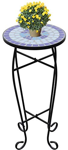 te Mini-Mosaiktisch für den Garten, rund, tragbar, wasserdicht, Mosaiktisch, Kaffeetisch, Pflanzentisch, Getränketisch für Garten, Terrasse, Blau und Weiß