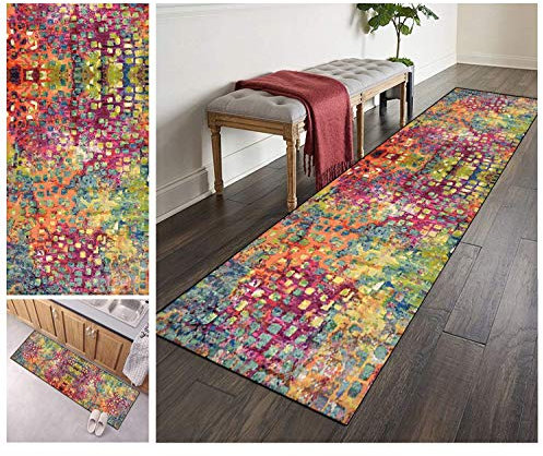 ZVEZVI Teppich Läufer Flur Küche rutschfest Waschbar Rosa Bunt 60X180CM Vintage Meterware, Teppichläufer Kücheläufer Polyester Anpassbar