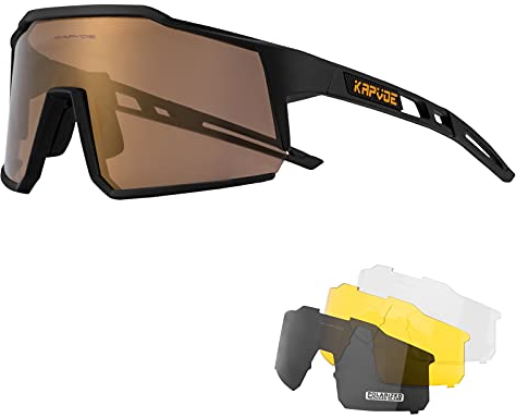 KAPVOE Polarisiert Fahrradbrille mit 4 wechselgläser TR90 Rahmen für Herren Damen Sport Radfahren MTB Sportsonnenbrille Radbrille Sportbrille Fahren Angeln Baseball Laufen Braun Schwarz 04