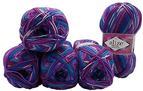 5 x 100 Gramm Sockenwolle mehrfarbig, 75% Schurwolle, 500 Gramm Wolle für Stricksocken und Strümpfe (blau lila weiß 4412)