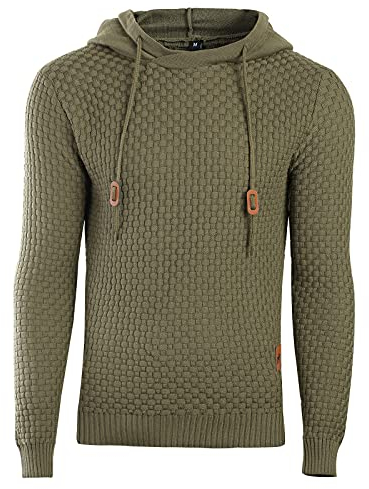 Genfien Pull décontracté à Capuche à Manches Longues pour Homme avec Encolure en Entonnoir à Carreaux en Jacquard