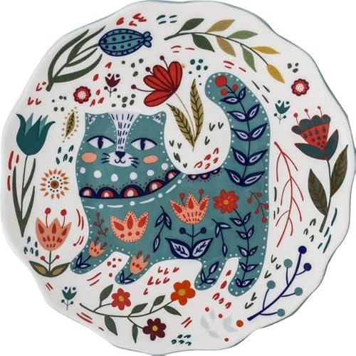 AILIFE 1 assiette à dîner en céramique motif chat et fleur pour servir steak, dessert, assiette, plateau décoratif, peinture à la main