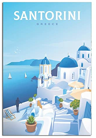 FONNIQ Griechenland Santorin Vintage-Reiseposter, Stadthäuser, Leinwand-Kunstposter, Gemälde, Bilder, Wandkunstdrucke, Wanddekoration für Schlafzimmer, Heimbüro, Party-Geschenke, 30 x 45 cm
