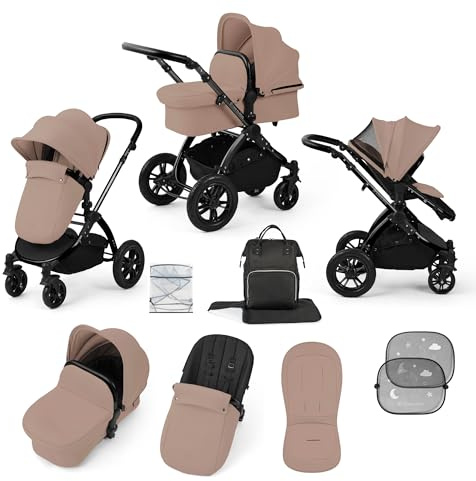 Ickle Bubba Stomp Luxe 2-in-1 All-Terrain Pram (Black/Desert/Black) | Birth to Approx. 4 Years, Includes Rain Cover, Footmuff, Apron & Sunshade, Foldable with Puncture-Proof Wheels